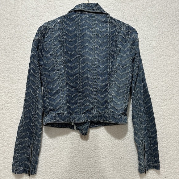 Free People Punched Denim Moto Jacket Herringbone Blue Jean Biker Women's Size 4 - Picture 2 of 14